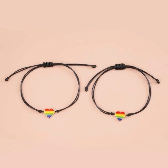 🌈PRIDE 2Pc Set Adjustable String Heart Bracelets Unisex NWT - Picture 3 of 4